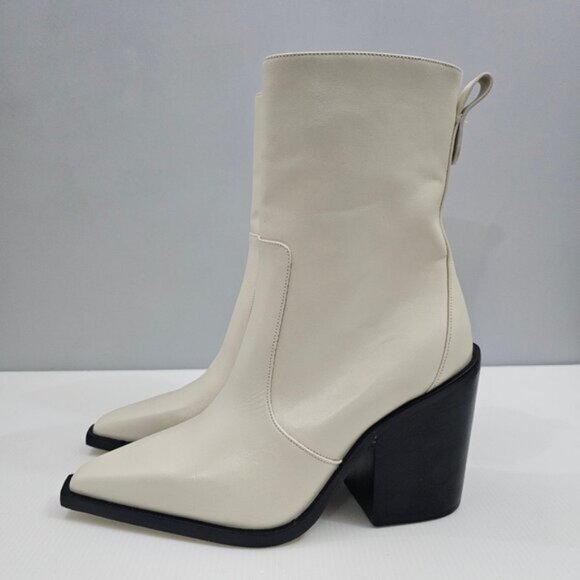 Larroude James Ankle Boot Womens 10 Cream Leather Tall Block Heel Pointed Toe - Picture 1 of 15